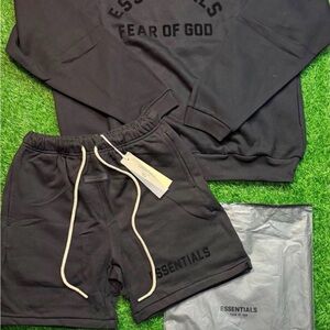Fear of God Essentials Black Sweatshirt and Shorts Set with Cream Drawcords